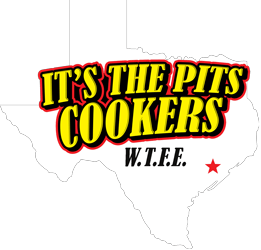Texas-shaped graphic with "It's the Pits Cookers W.T.F.E." text and a red star