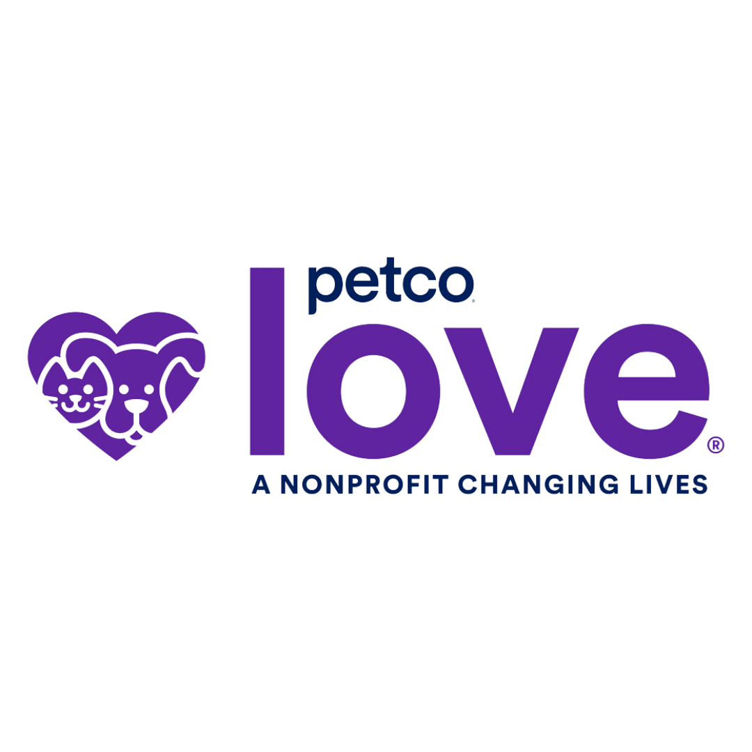 Petco Love logo featuring a purple heart with outlines of a cat and dog, and the text 'petco love' and 'A Nonprofit Changing Lives'.