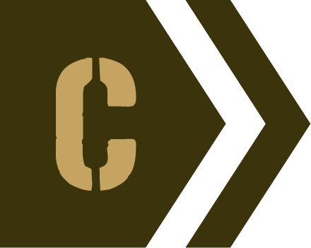Gold letter C on a brown and white arrow background