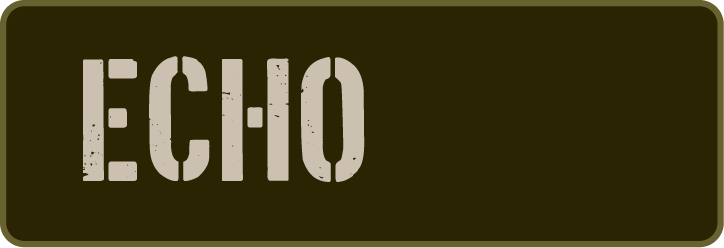 Logo with the word 'ECHO' in bold, distressed lettering on a dark brown background.