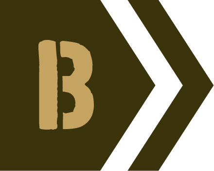 Stylized letter B with arrow design in brown and tan colors