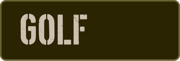 Sign reading 'GOLF' in bold, grunge style text on a dark background.