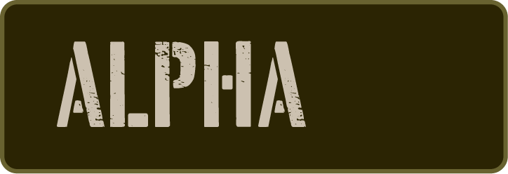 Brown and beige sign with the word 'ALPHA' in distressed, bold capital letters.