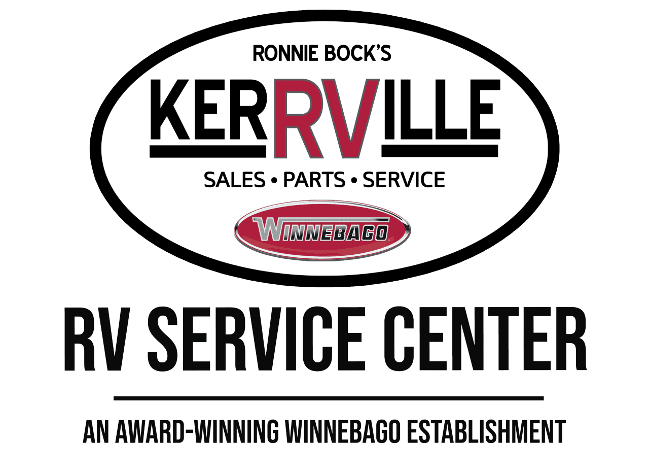 Logo for Kerrville RV Service Center, featuring Ronnie Bock's dealership, offering sales, parts, and service, along with a Winnebago emblem.
