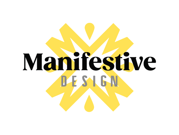 Logo for Manifestive Design with a yellow geometric pattern in the background and bold black text.