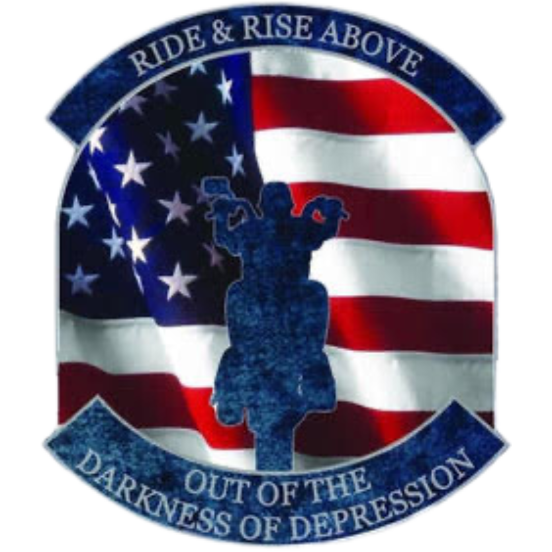 Patch with "Ride & Rise Above" and "Out of the Darkness of Depression" text, featuring a silhouette of a motorcyclist against a U.S. flag backdrop.