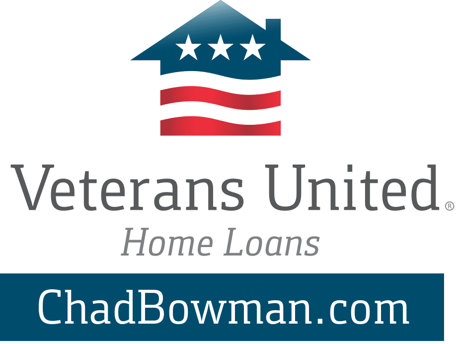 Veterans United Home Loans logo with house icon and red stripes, featuring website address ChadBowman.com.