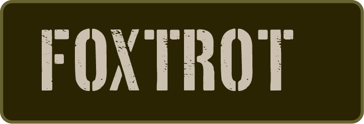 "Foxtrot" text in distressed stencil font on dark background